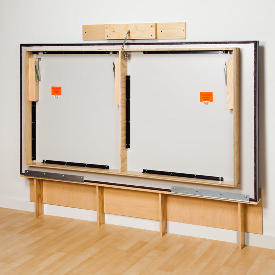 Clinton wall-mounted folding mat platform with ultra-firm padding, hardwood frame, and space-saving vertical storage design