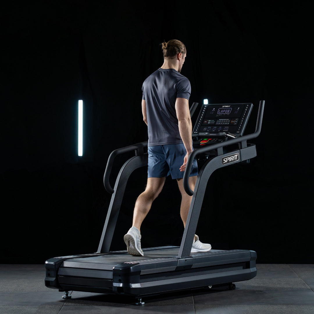 SPIRIT Fitness CTSBS900 commercial slat belt sled treadmill with curved handrails, LED console and vulcanized rubber slat running surface