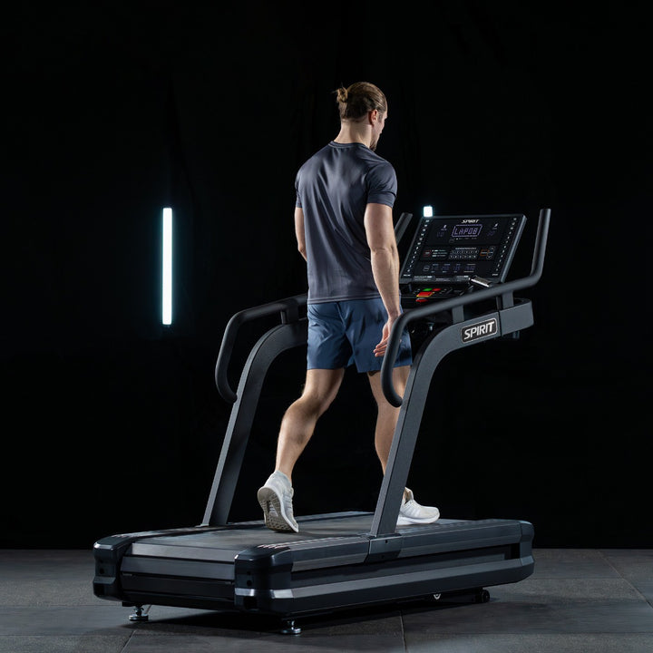 SPIRIT Fitness CTSBS900 commercial slat belt sled treadmill with curved handrails, LED console and vulcanized rubber slat running surface