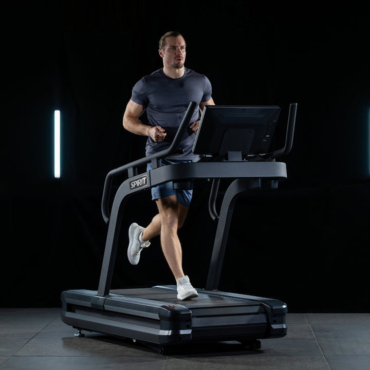 SPIRIT Fitness CTSBS900 commercial slat belt sled treadmill with curved handrails, LED console and vulcanized rubber slat running surface