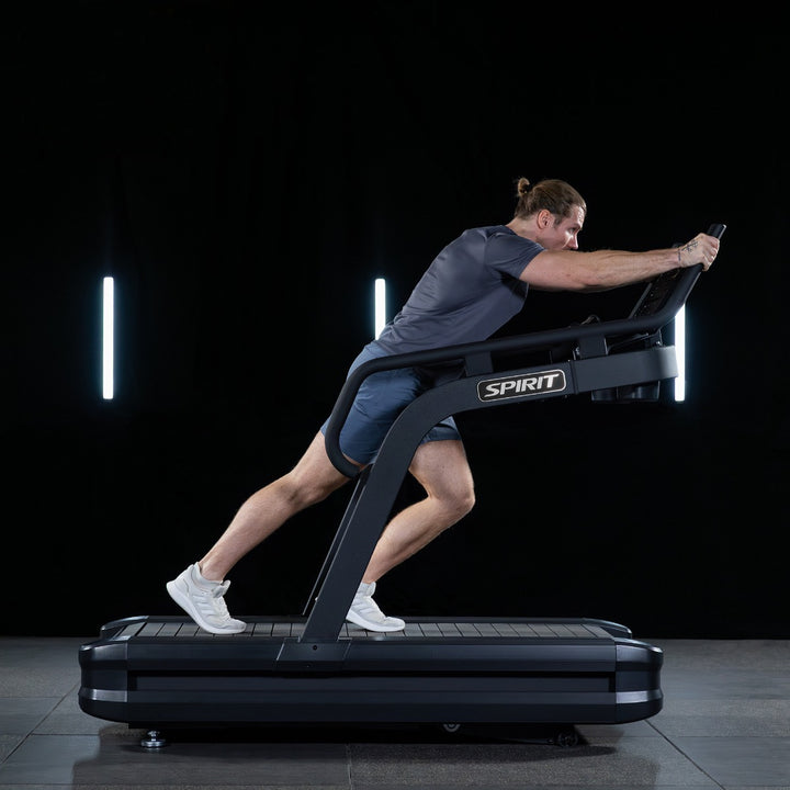 SPIRIT Fitness CTSBS900 commercial slat belt sled treadmill with curved handrails, LED console and vulcanized rubber slat running surface