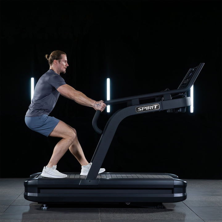 SPIRIT Fitness CTSBS900 commercial slat belt sled treadmill with curved handrails, LED console and vulcanized rubber slat running surface