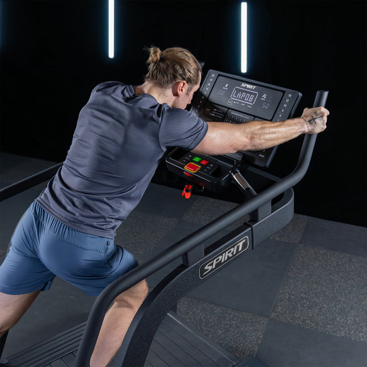 SPIRIT Fitness CTSBS900 commercial slat belt sled treadmill with curved handrails, LED console and vulcanized rubber slat running surface
