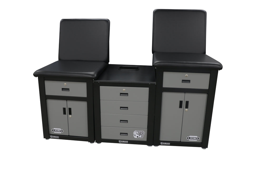 Aluma Elite A5100 enclosed taping station with lockable storage cabinets, center drawer cabinet, phenolic work surface, and dual-height treatment seats