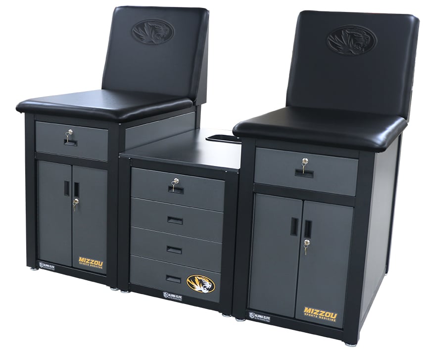 Aluma Elite A4801 enclosed taping station with dual 42-inch treatment seats, lockable storage cabinets, center drawer cabinet, and phenolic work surface