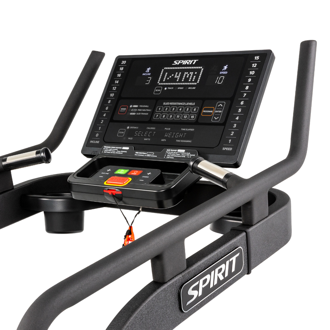 SPIRIT Fitness CTSBS900 commercial slat belt sled treadmill with curved handrails, LED console and vulcanized rubber slat running surface