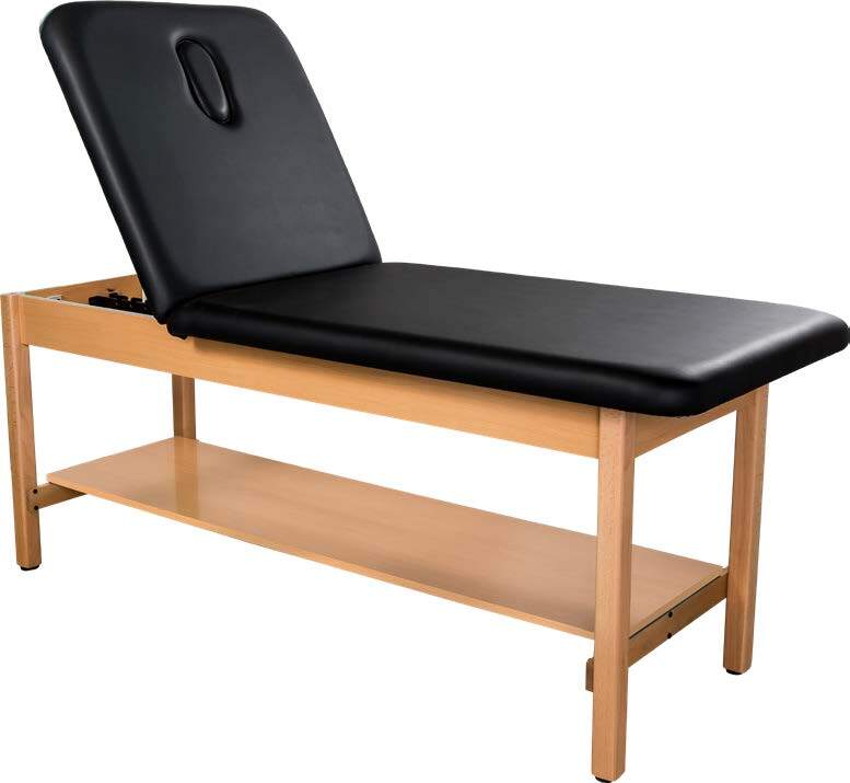 Economy Wood Treatment Table with Adjustable Backrest & Storage Shelf – Black Vinyl, 500 lb Capacity, 78” x 30” Therapy Exam Table with Face Hole