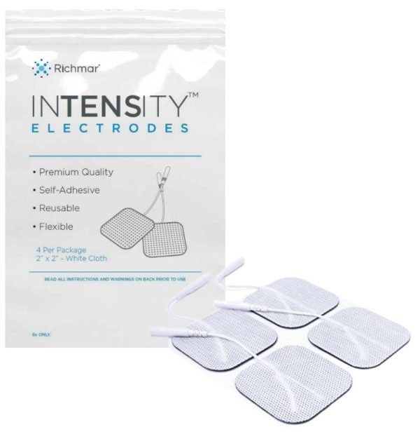InTENSity Premium White Cloth TENS & EMS Electrodes, 2 x 2 inch, 2mm Pigtail, 400 Count Bulk Case - Cornish Medical