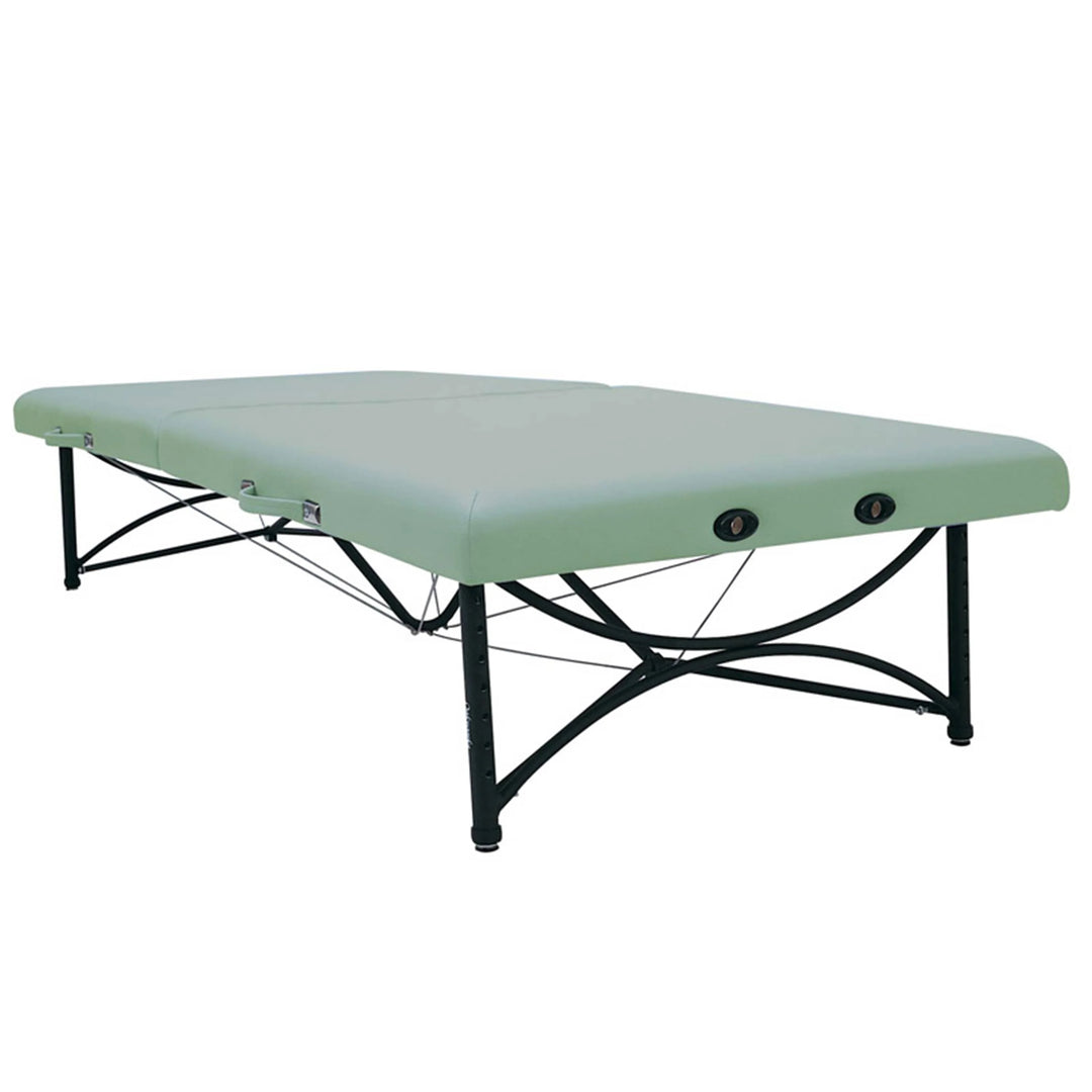 Oakworks® Storable Mat Table 35-inch portable rehabilitation platform with TerraTouch upholstery, aluminum frame, adjustable height, and folding storage design