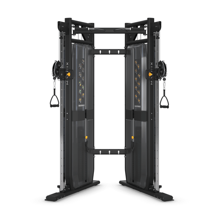 MATRIX Versa Functional Trainer with dual adjustable pulleys, enclosed weight stacks, multi-grip pull-up bar, and integrated 18-inch storage system