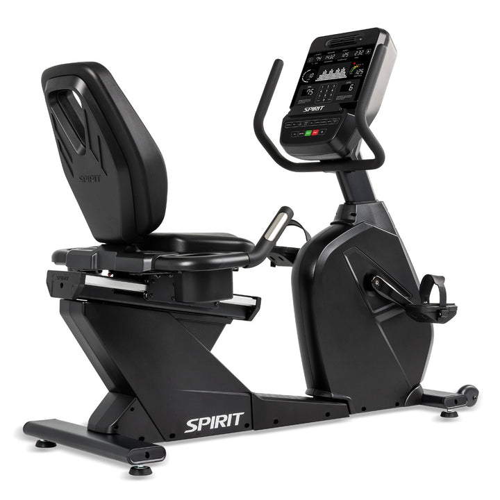 SPIRIT Fitness CR900 commercial semi-recumbent bike with step-through frame, adjustable seat and self-generating power