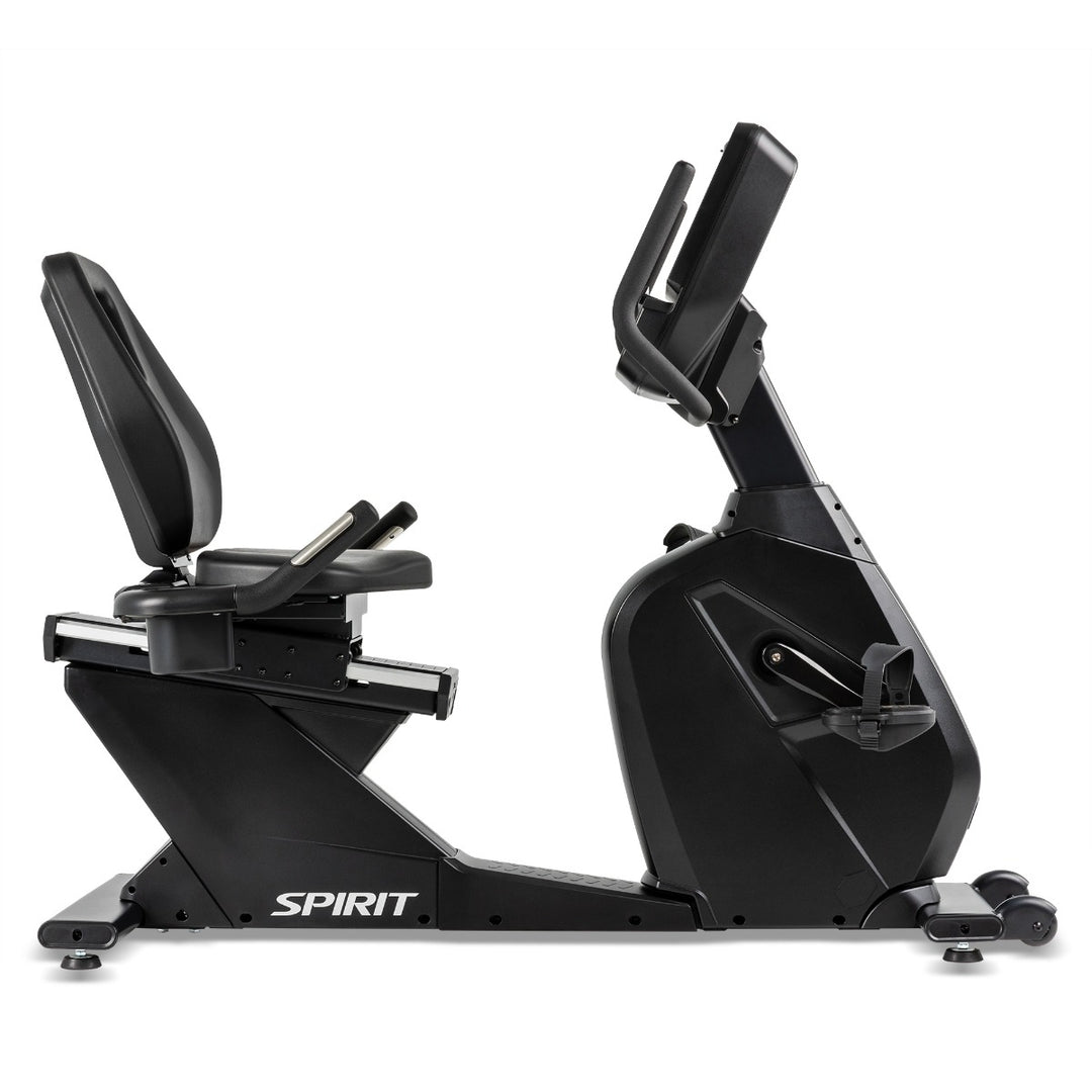 SPIRIT Fitness CR900 commercial semi-recumbent bike with step-through frame, adjustable seat and self-generating power
