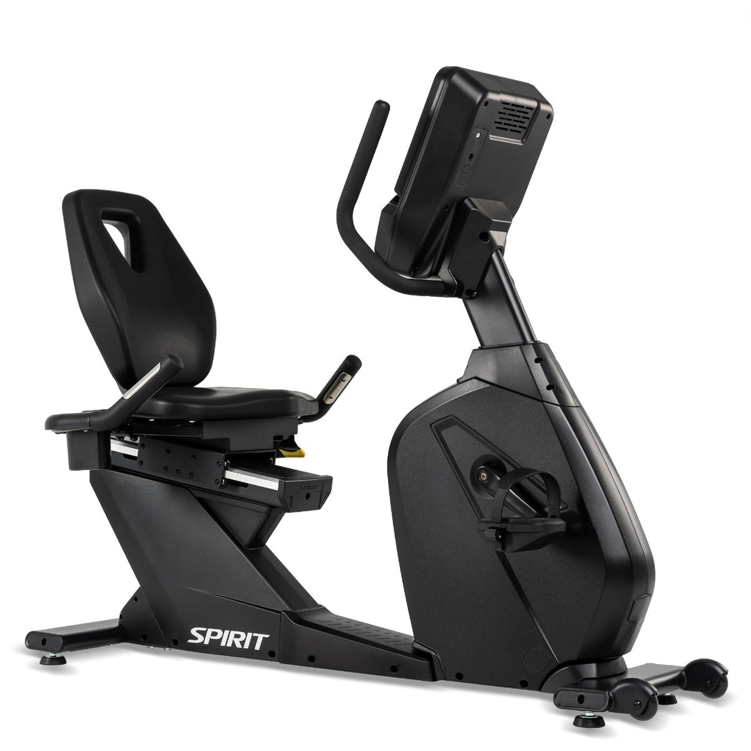 SPIRIT Fitness CR900 commercial semi-recumbent bike with step-through frame, adjustable seat and self-generating power