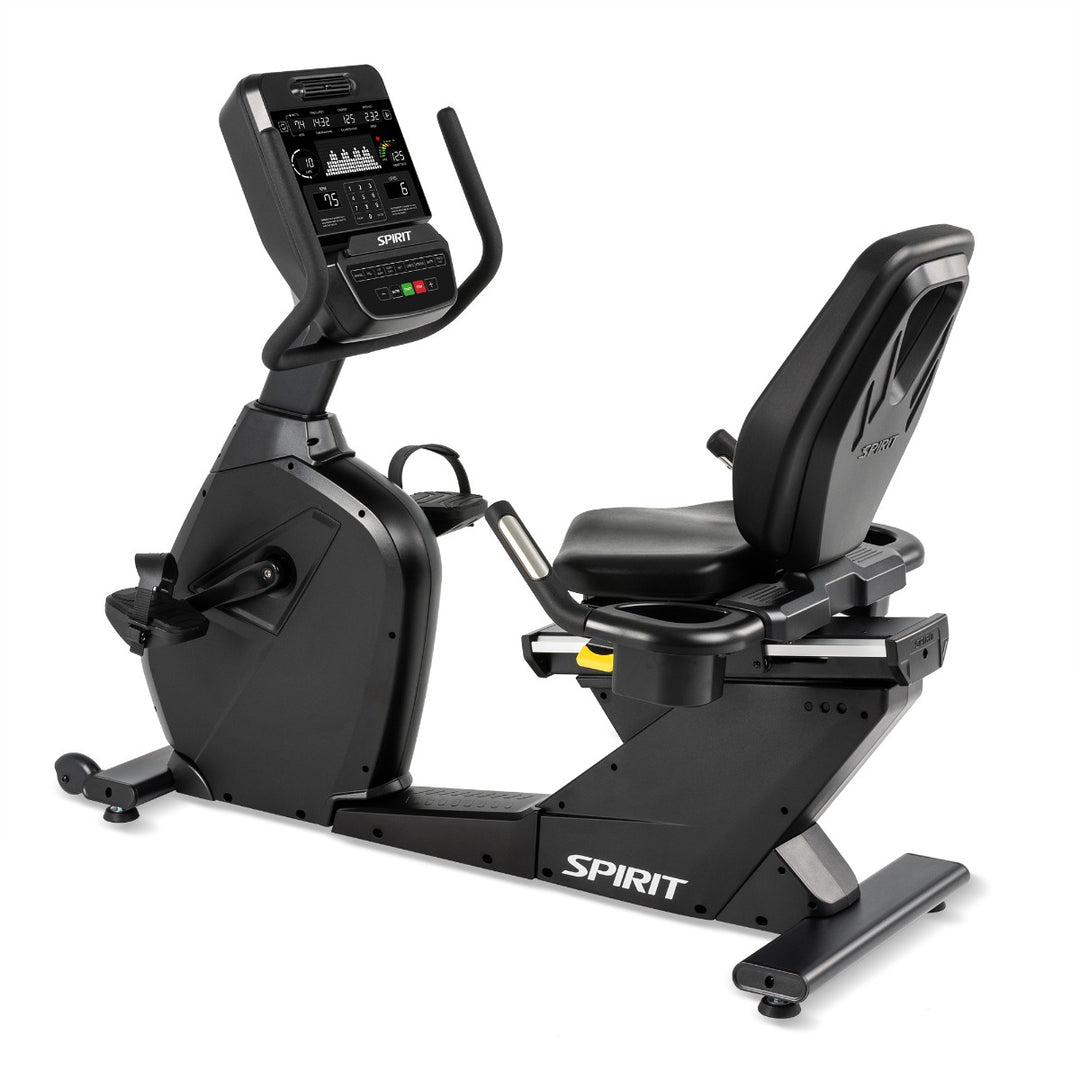 SPIRIT Fitness CR900 commercial semi-recumbent bike with step-through frame, adjustable seat and self-generating power
