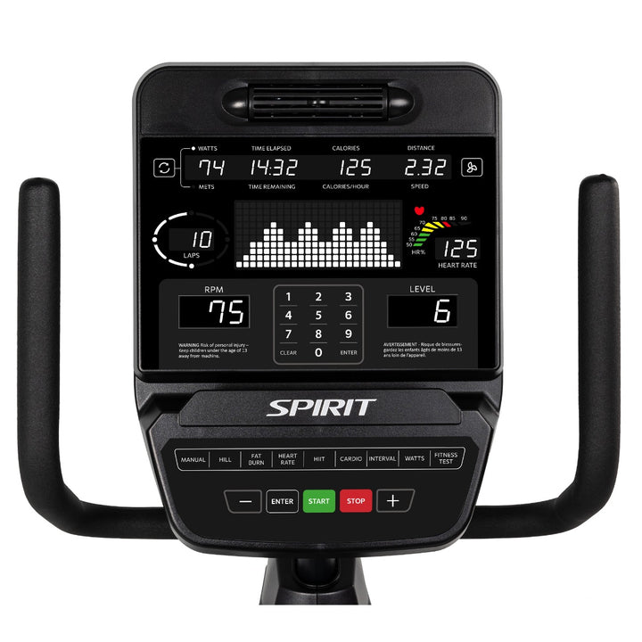 SPIRIT Fitness CR900 commercial semi-recumbent bike with step-through frame, adjustable seat and self-generating power
