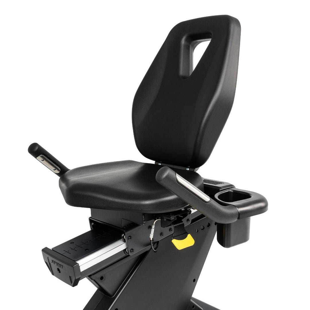 SPIRIT Fitness CR900 commercial semi-recumbent bike with step-through frame, adjustable seat and self-generating power