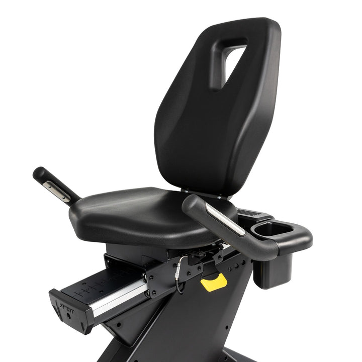 SPIRIT Fitness CR900 commercial semi-recumbent bike with step-through frame, adjustable seat and self-generating power