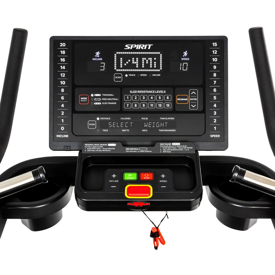 SPIRIT Fitness CTSBS900 commercial slat belt sled treadmill with curved handrails, LED console and vulcanized rubber slat running surface