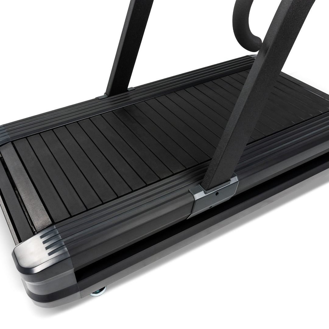 SPIRIT Fitness CTSBS900 commercial slat belt sled treadmill with curved handrails, LED console and vulcanized rubber slat running surface