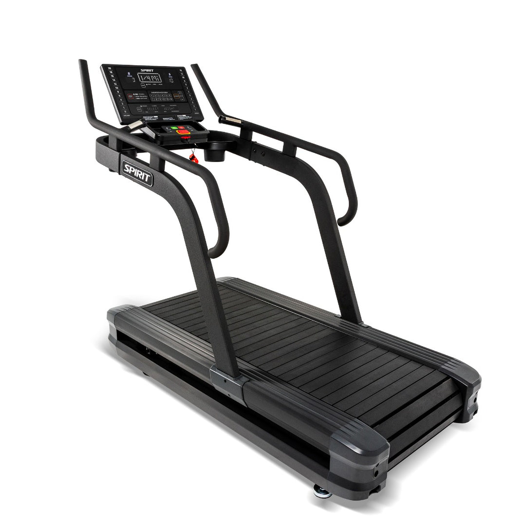 SPIRIT Fitness CTSBS900 commercial slat belt sled treadmill with curved handrails, LED console and vulcanized rubber slat running surface